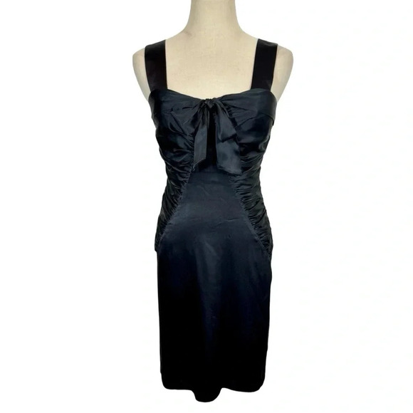 Vintage Betsey Johnson Y2K Silk Ruched Bow Pencil Dress Rockabilly Pin Up - Picture 2 of 10